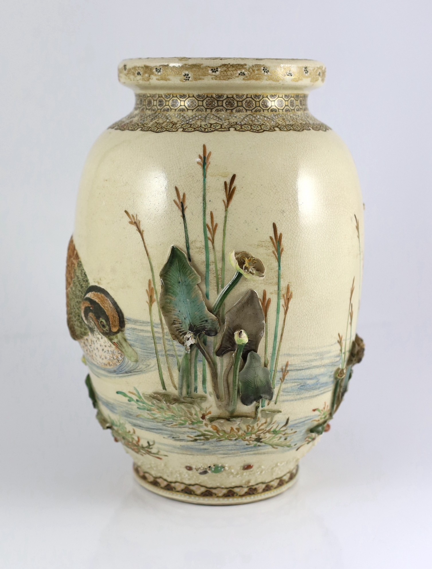 Makuzu Kozan (1842-1916). An earthenware 'duck and lotus pond' vase, c.1880, 30.5cm high, small losses, base drilled